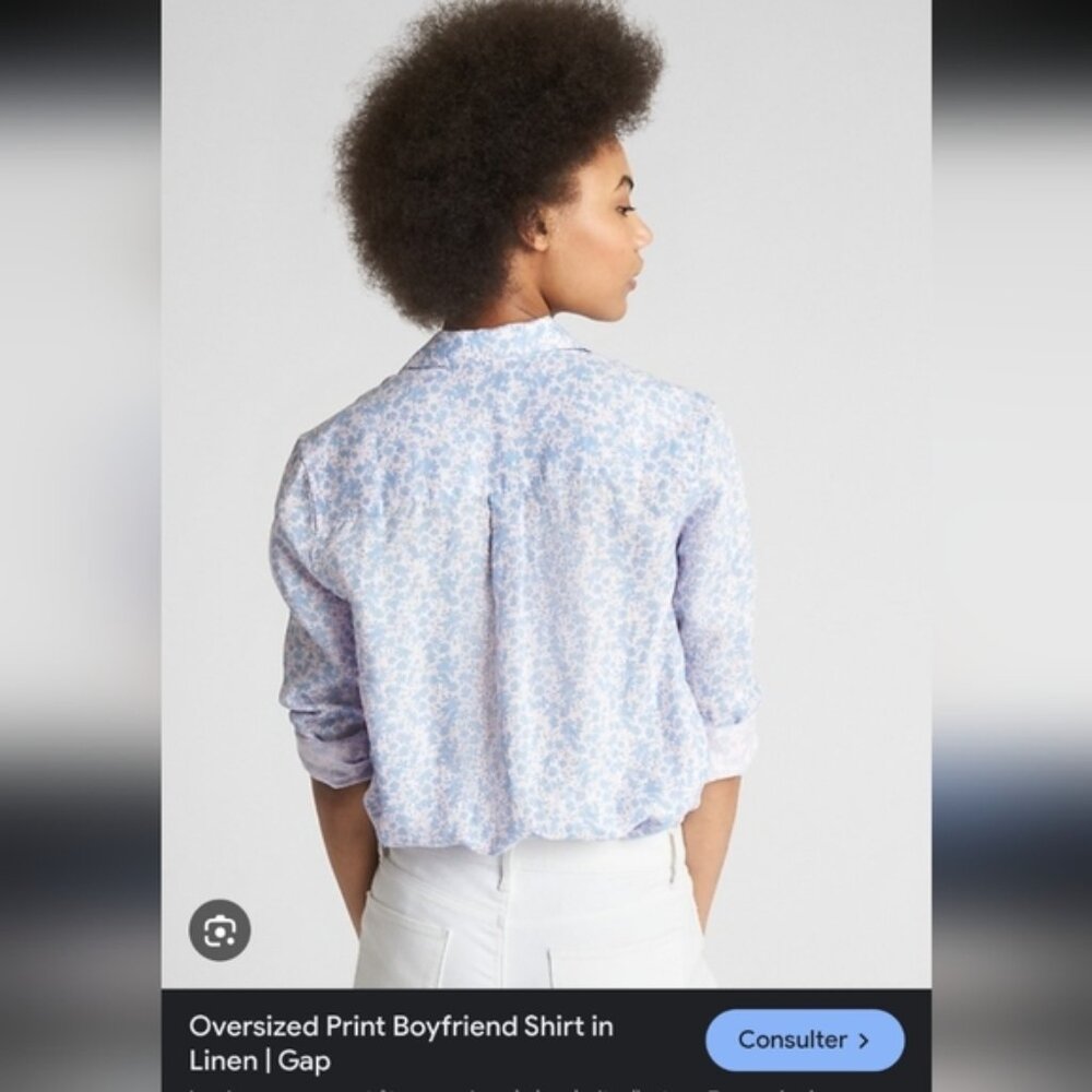 GAP Light Blue and White Floral Linen Blouse